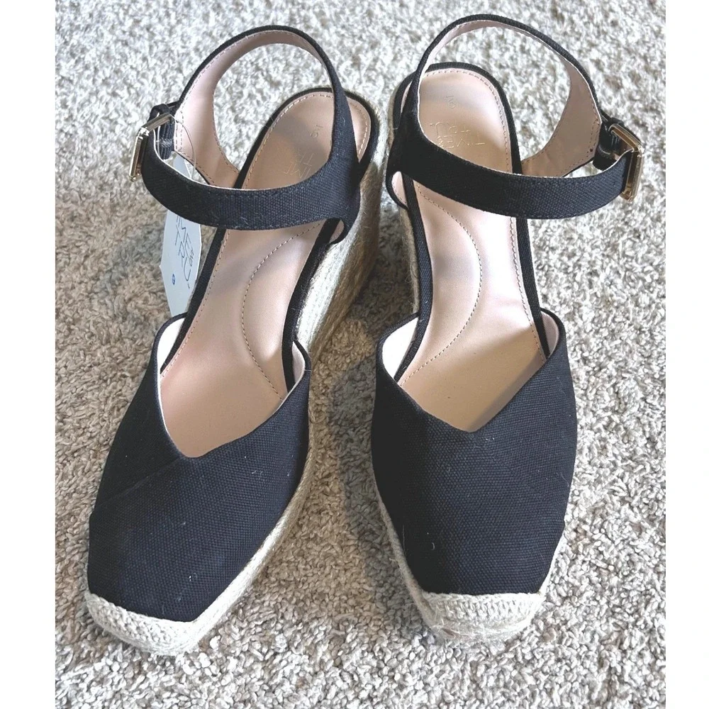 Black Espadrille Wedge Sandals Boho Resortwear Square Toe Time and Tru SZ 9